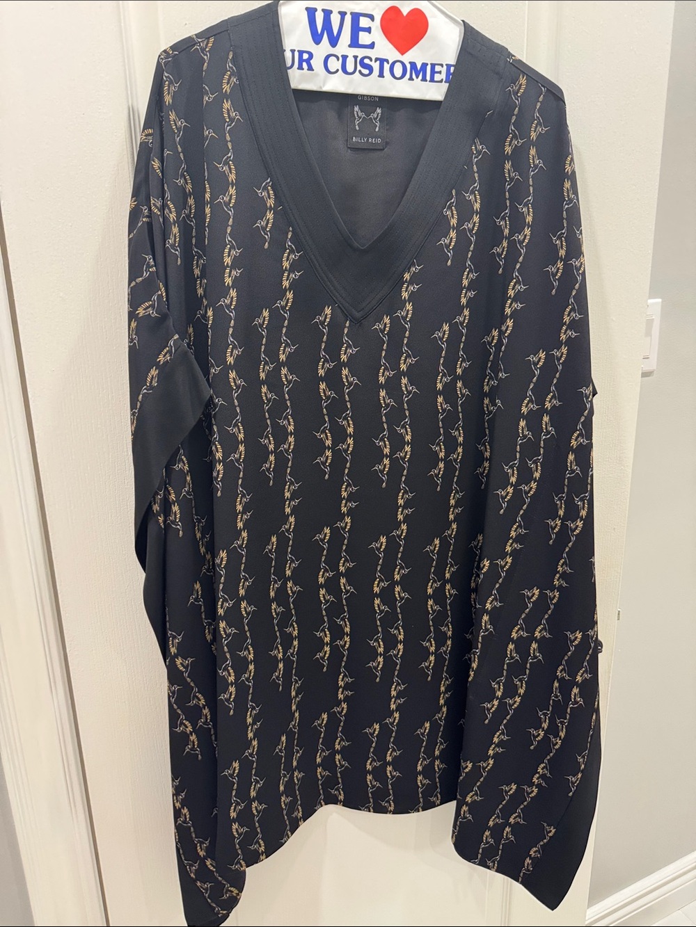 Designed Billy Reid Black V-Neck Dress with Gibson Hummingbird Print - Picture 2 of 11